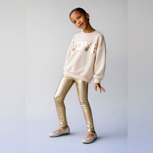 ZARA Girls Gold Metallic Leggings Size 7 Shiny Faux Leather Pants Party Holiday